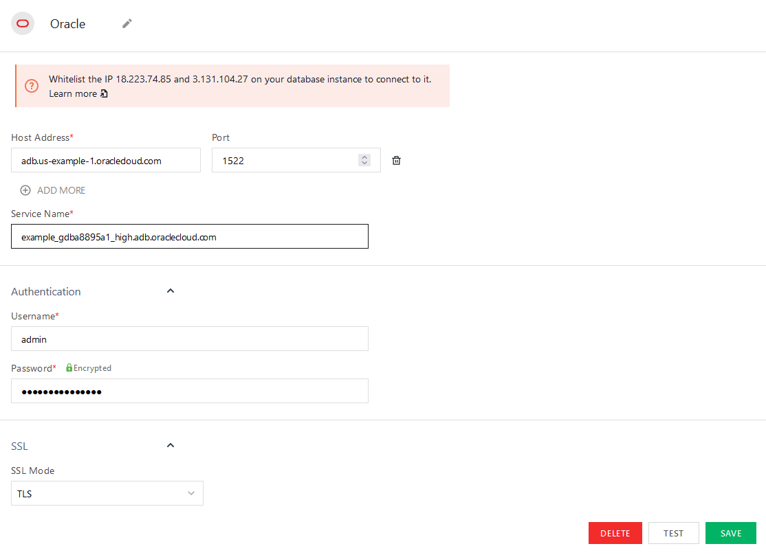 Configuring an Oracle datasource.